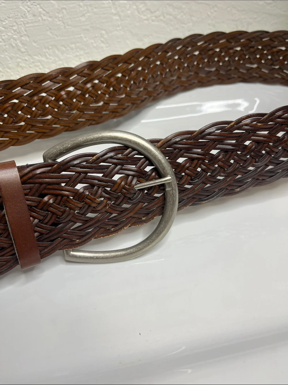 Lane Bryant Braided Leather Belt with Round Silver Buckle - Chestnut Brown